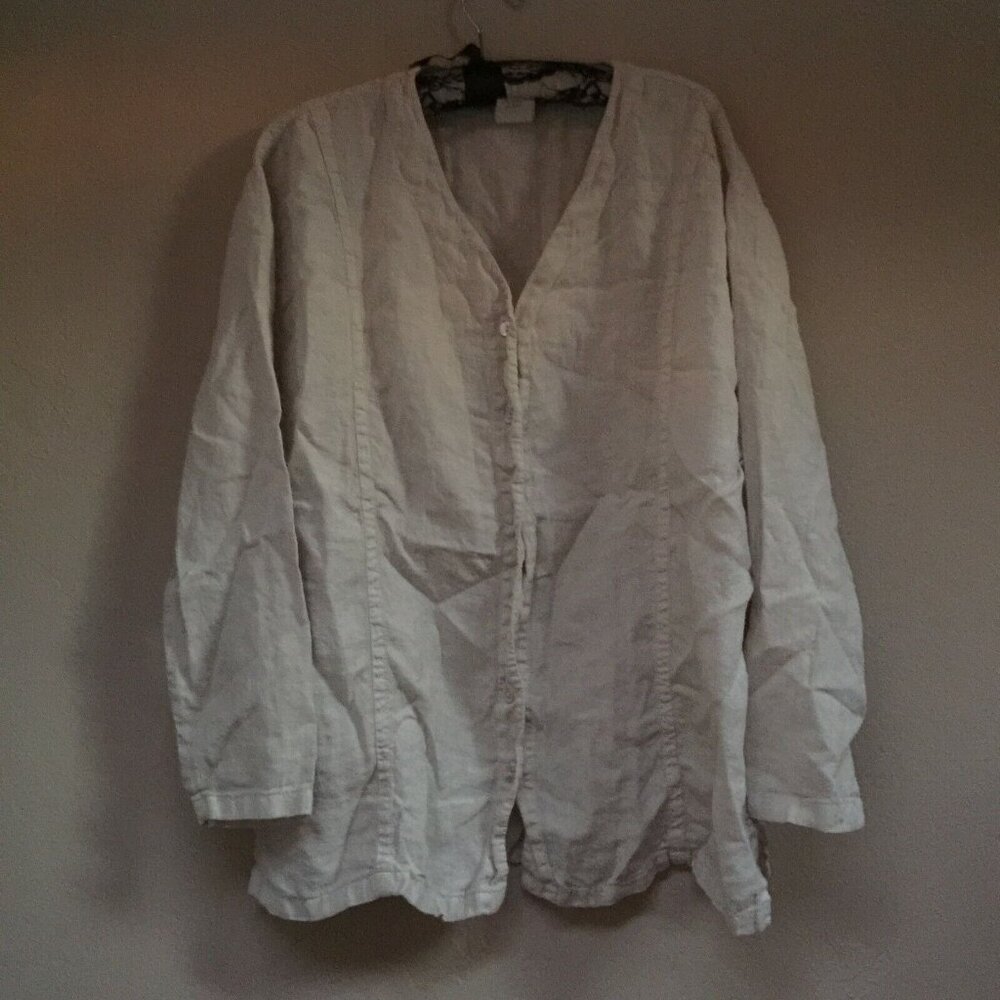 Marc Ware Women V-Neck Shirt Top Blouse Button Down Lagenlook Ivory Medium Linen